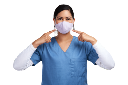 Healthcare, medical face mask and a woman nurse isolated on a transparent, png background. Professional female person, surgeon or doctor pointing finger at ppe safety for virus, covid or surgery