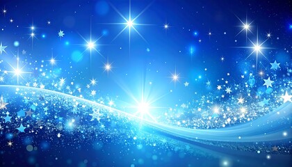 A vibrant, abstract digital artwork featuring a dazzling celestial scene with sparkling stars, radiating light, and flowing blue waves