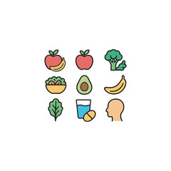 Nutrition and healthy food for self-care icon set in colorful cartoon style with bold outlines, including fruits, vegetables, smoothies, water, and vitamins.