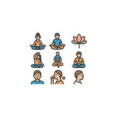 Yoga and meditation icon set in colorful cartoon style with bold outlines, including yoga poses, lotus, breathing, and mindfulness symbols � wellness vector.
