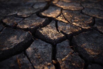 Dry Earth Texture: An extreme close-up reveals a textured earth, showcasing cracked and fissured surface. The details of the earth under the sun.