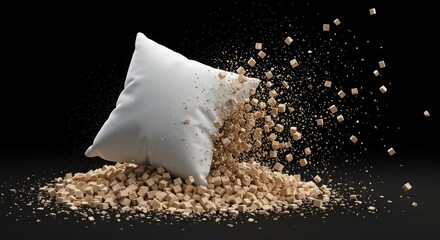 White sack spilling out a cascade of grain and seeds against a dark background