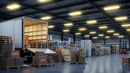 Warehouse loading bay with an open truck filled with pallets and boxes, ready for shipping