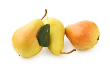 Ripe yellow pears with green leaf isolated on white