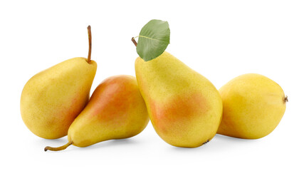 Many ripe yellow pears isolated on white
