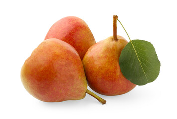 Fresh ripe pears with green leaf isolated on white