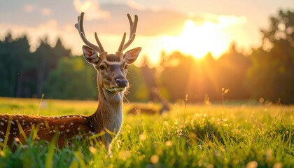 Majestic Deer Standing Tall in a Golden Meadow at Sunset Wildlife Portrait with Sunlight Bursting Through Trees in Background