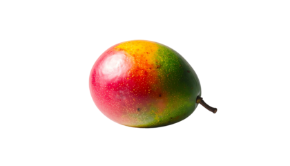 A single, ripe mango with red, yellow, and green skin, subtly speckled, sits against a black background, showcasing its smooth, slightly oblong shape and a small stem