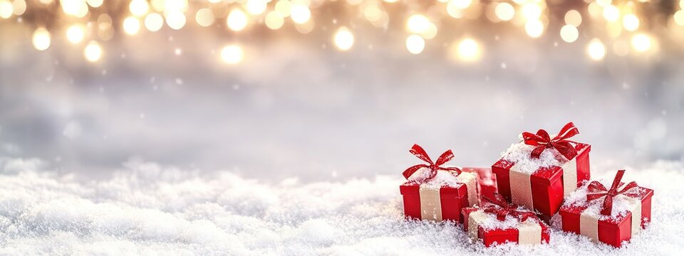 Red Christmas gifts on snow with bokeh lights in the background, creating an elegant festive winter banner design that conveys holiday joy and warmth, captured in ultra-realistic high resolution.