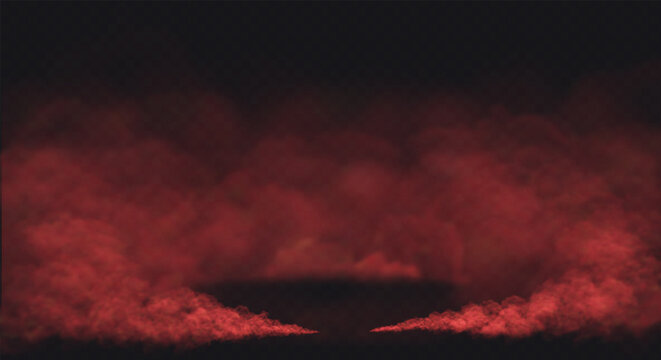 Red Smoke effect on transparent dark background. Fog gray cloud above the floor surface with an empty spot