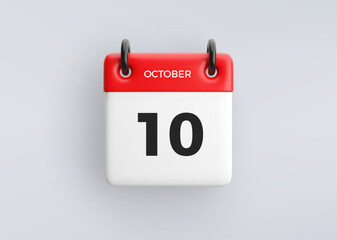3D calendar icon with date 10 October on grey background. Vector schedule symbol.