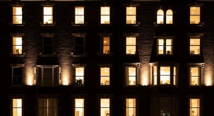 Golden Illuminated Windows on a Dark Urban Building Facade at Night.