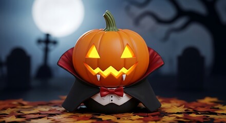 Halloween vampire pumpkin with glowing face on autumnal leaves arrangement