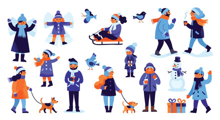 Vibrant collection of happy people enjoying winter activities like sledding, dog walking, and making snow angels with cozy drinks