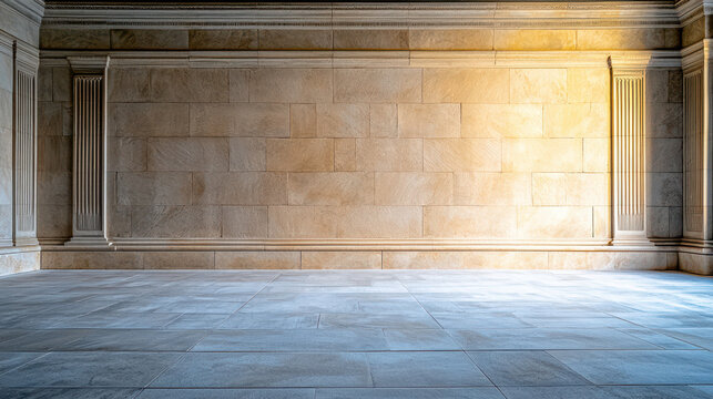 Spacious interior with smooth stone floor and elegantly designed walls, illuminated by soft light, creating serene atmosphere