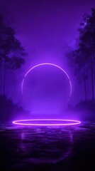 Abstract purple business background with glowing neon circles and luminous frames featuring minimalist fantasy elements and tree silhouettes for creative commercial poster template design.