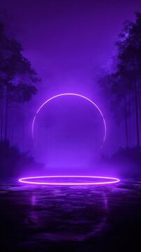 Abstract purple business background with glowing neon circles and luminous frames featuring minimalist fantasy elements and tree silhouettes for creative commercial poster template design.