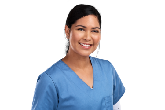 Healthcare, portrait and professional woman nurse, doctor or surgeon in scrubs with confidence. Happy, nursing and face of a young Mexican female medical worker isolated by transparent png background - Powered by Adobe