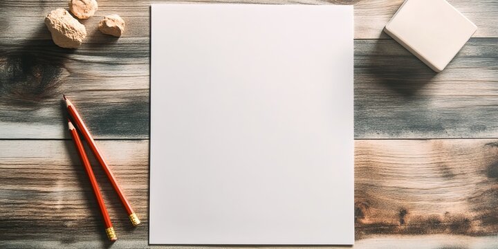 Blank White Paper on a Rustic Wood Background with Pencils and an Eraser for Creative Art Projects - Powered by Adobe