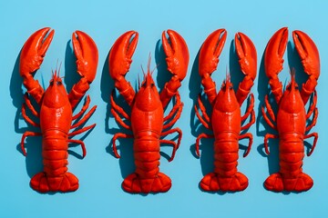 Five Red Lobsters in a Row on Blue Background