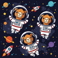 Cute cartoon camels in astronaut suits floating in space with planets and rockets Adventure and dreams