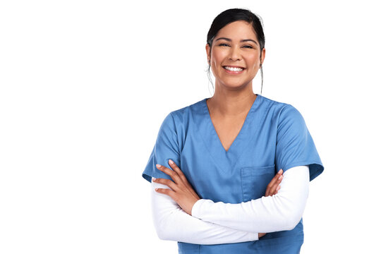 Nurse in portrait, woman with arms crossed and happy, healthcare professional isolated on transparent png background. Mexican female person in medicine with smile, hospital staff and nursing