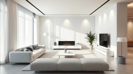 3D render of modern white living room with minimalistic furniture, soft lighting, elegant interior design and cozy atmosphere.