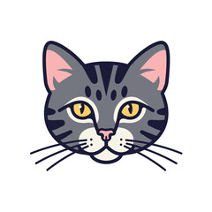 Cute Cartoon Vector Illustration of Tabby Cat Face with Yellow Eyes
