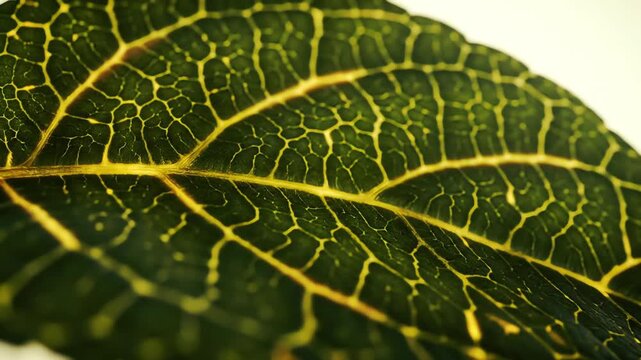 A single leaf turning sunlight into glucose, glowing veins visualized as golden rivers distributing energy through the plant