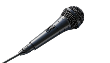 Sleek dark-grey wired microphone angled left, featuring a metallic mesh head, a single on/off switch, and a visible cable connection