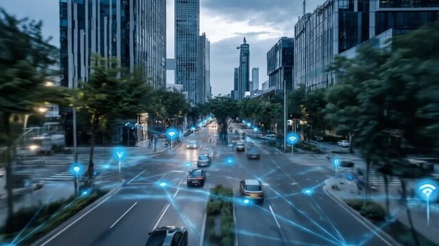 City street with cars connected by glowing network, framed by trees and tall buildings