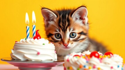 Cute ginger kitten staring at colorful birthday cake with candles, playful celebration scene, child-friendly and adorable design.