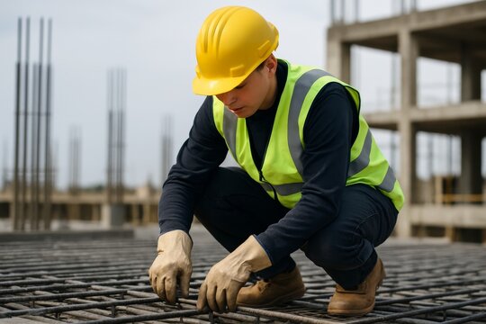 Construction worker in safety gear squatting and inspecting steel rebar framework at building site during structural phase of development process. Ai generative