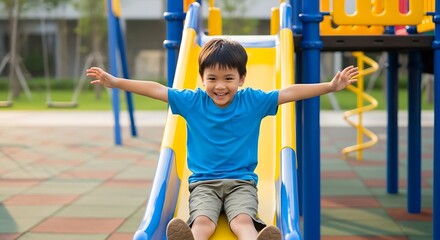 Obraz premium Happy little Asian boy having fun sliding down a colorful playground slide.