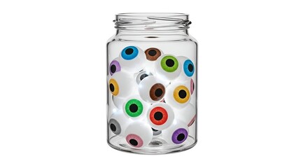 A jar filled with glowing, colorful eyeballs, perfect for Halloween decorations and spooky party themes