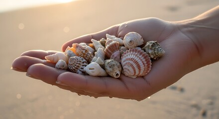 Hand displaying an assortment of seashells collected from a sandy beach