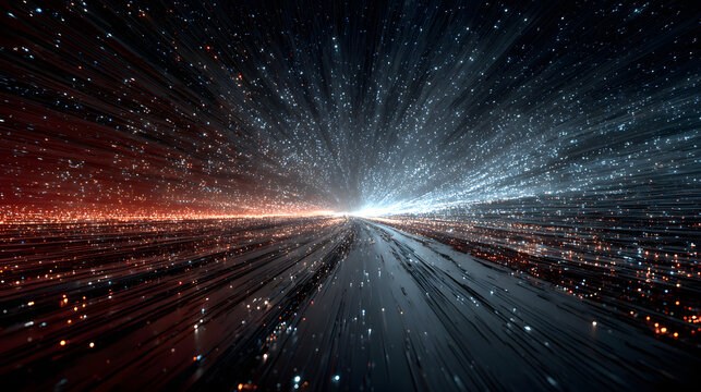 High-Speed Data Grid in City Arc Form: Abstract Tunnel of Red Blue Glowing Particles - Powered by Adobe