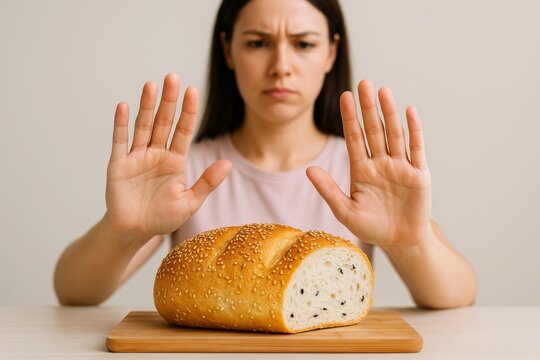 Woman refusing to eat sesame bread with serious expression and hands raised in rejection gesture on plain background in dietary restriction concept image. Ai generative