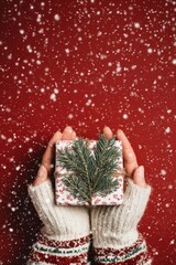 Close up woman hands holding a small Christmas gift box over red background.