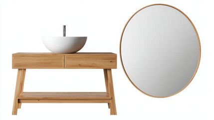 Fototapeta premium Modern Bathroom Set: Minimalist wooden vanity with a contemporary sink and stylish round mirror. Clean lines and natural materials create a serene, functional space.