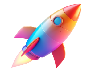 A vibrant, cartoonish rocket in flight, showcasing a gradient color scheme of red, orange, and blue, with a bright yellow-orange flame