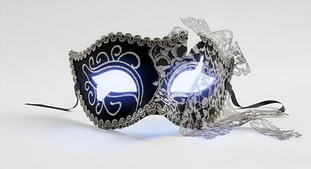 An elegant black and silver Venetian-style masquerade mask with luminous glowing eyes and intricate lace, isolated on a white studio background