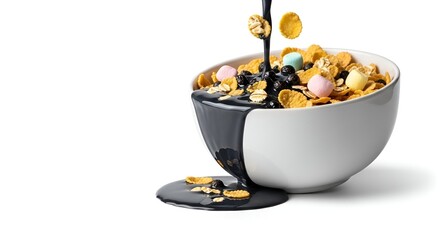 Delicious Cereal Bowl with Dark Chocolate Sauce Drizzle
