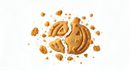 Broken golden pumpkin cookie, surrounded by scattered crumbs, beautifully capturing the sweet essence of autumn and the ephemeral joy of seasonal baked treats