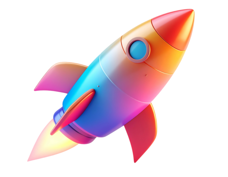 A vibrant, cartoonish rocket in flight, showcasing a gradient color scheme of red, orange, and blue, with a bright yellow-orange flame