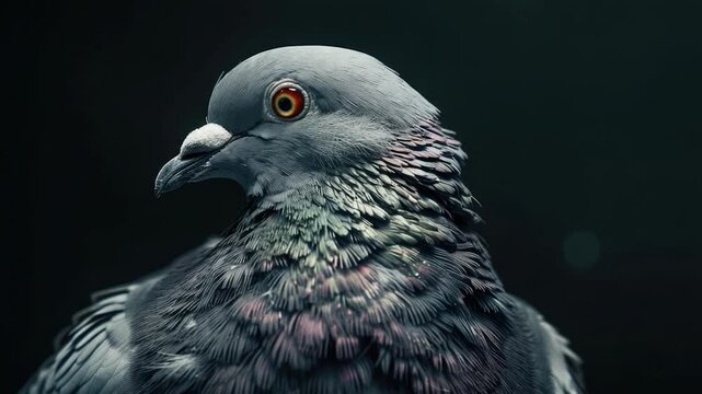 A close-up view of a pigeon's feathers and beak, set against a dark background