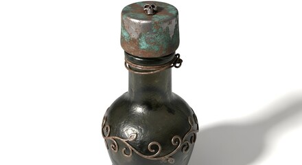 Elegant antique dark glass bottle featuring ornate swirling metal embellishments and a distressed verdigris metal stopper, evoking historical charm and vintage decor