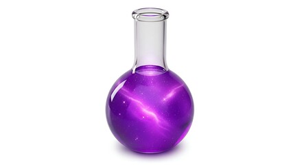 A transparent laboratory flask holding a vibrant purple cosmic galaxy, symbolizing the universe of scientific discovery and imagination