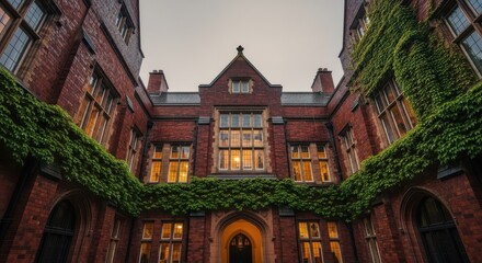 Historic Red Brick Building Courtyard With Ivy Growth