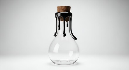 Intriguing transparent flask with a natural cork stopper, dramatically sealed by glossy black fluid oozing down its elegant form, suggesting enigmatic contents